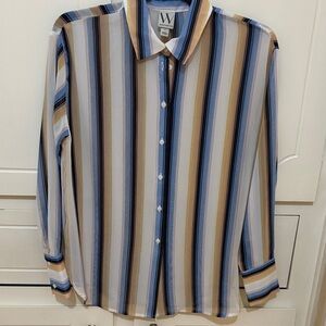 W by Worth Striped Long-Sleeve Button-Down Shirt in Blue, Tan & White